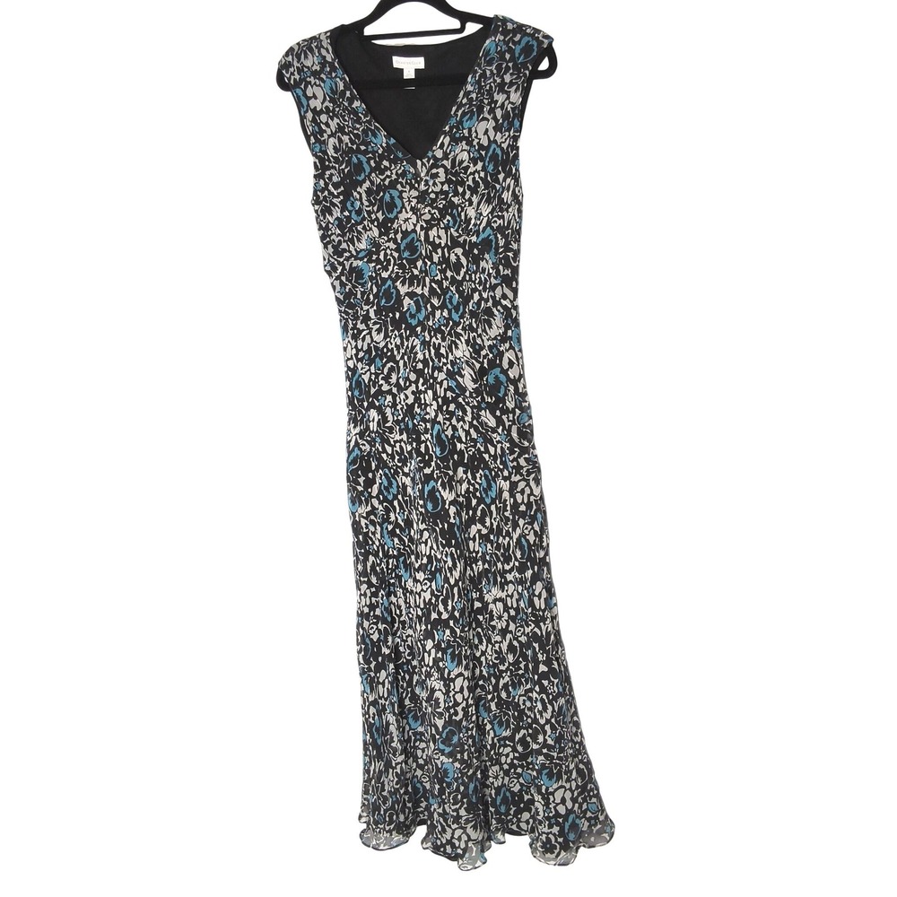Charter Club Maxi Dress Women 8 Black Blue‎ Floral V-Neck Chiffon Pleated Gauzy